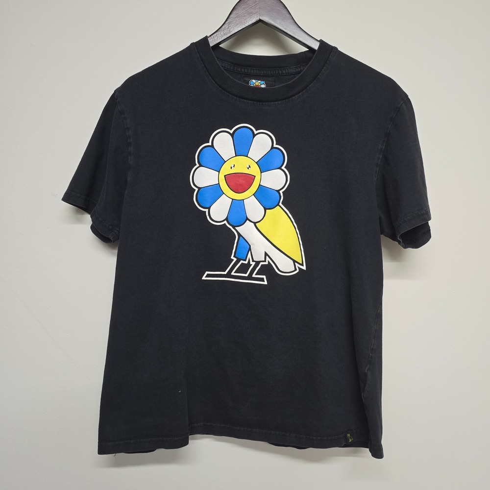 OVO Murakami Flower Owl T-Shirt Mens L (fits S) Black Cotton Graphic Streetwear